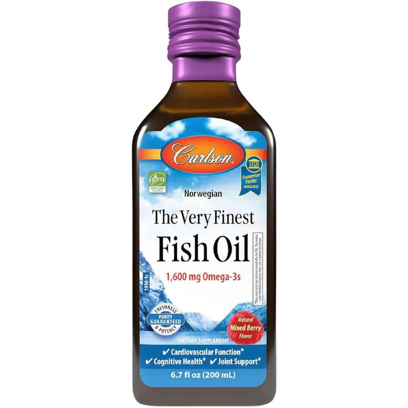 Frasco de suplemento Carlson Aceite de Pescado Noruego 1600 mg sabor Mezcla de Bayas 200 mL