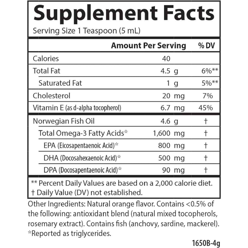 Tabla nutricional del suplemento Carlson Aceite de Pescado Noruego 1600 mg sabor Naranja 200 mL