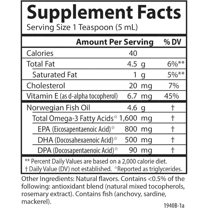 Tabla nutricional del suplemento Carlson Aceite de Pescado Noruego 1600 mg Sin Sabor 200 mL