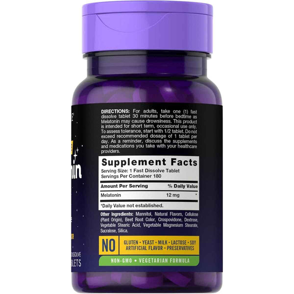 Tabla nutricional del suplemento Carlyle Melatonina Sabor a Bayas 12 mg 180 tabletas de disolución rápida