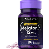 Frasco de suplemento Carlyle Melatonina Sabor a Bayas 12 mg 180 tabletas de disolución rápida