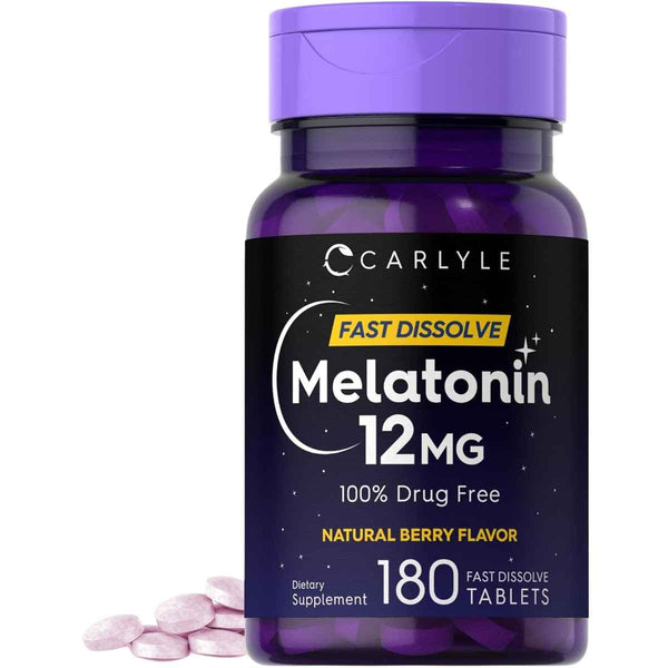 Frasco de suplemento Carlyle Melatonina Sabor a Bayas 12 mg 180 tabletas de disolución rápida