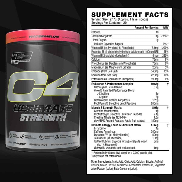 Tabla nutricional del suplemento Cellucor C4 Ultimate Strength Pre-Entrenamiento Sandía 20 servicios