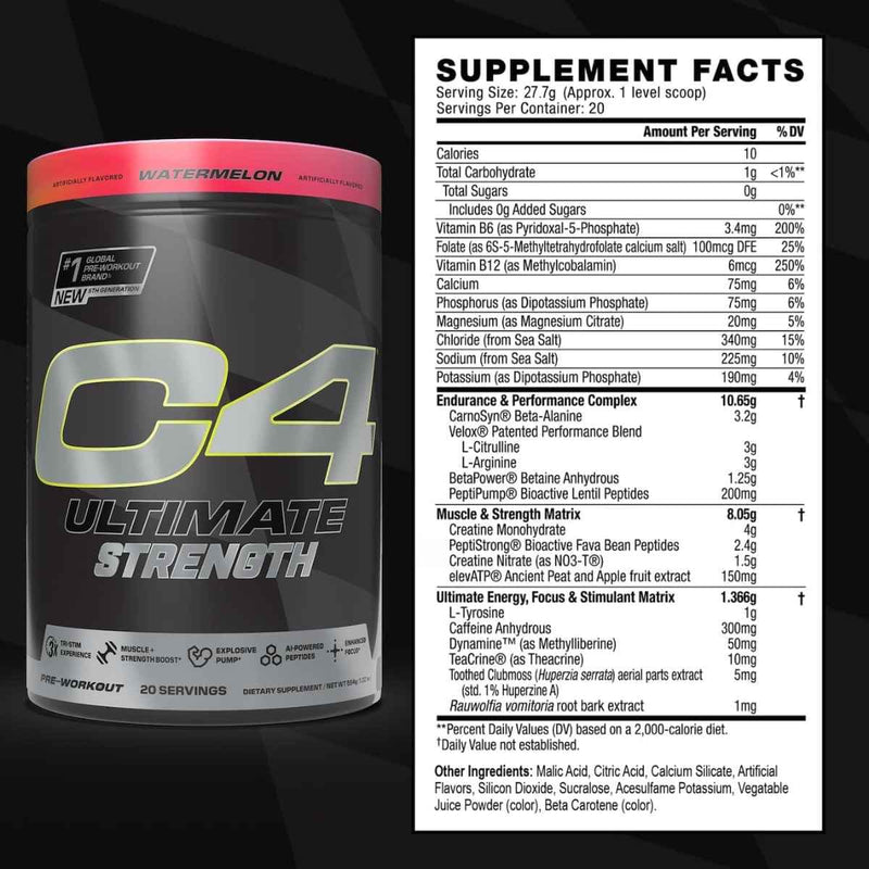 Tabla nutricional del suplemento Cellucor C4 Ultimate Strength Pre-Entrenamiento Sandía 20 servicios