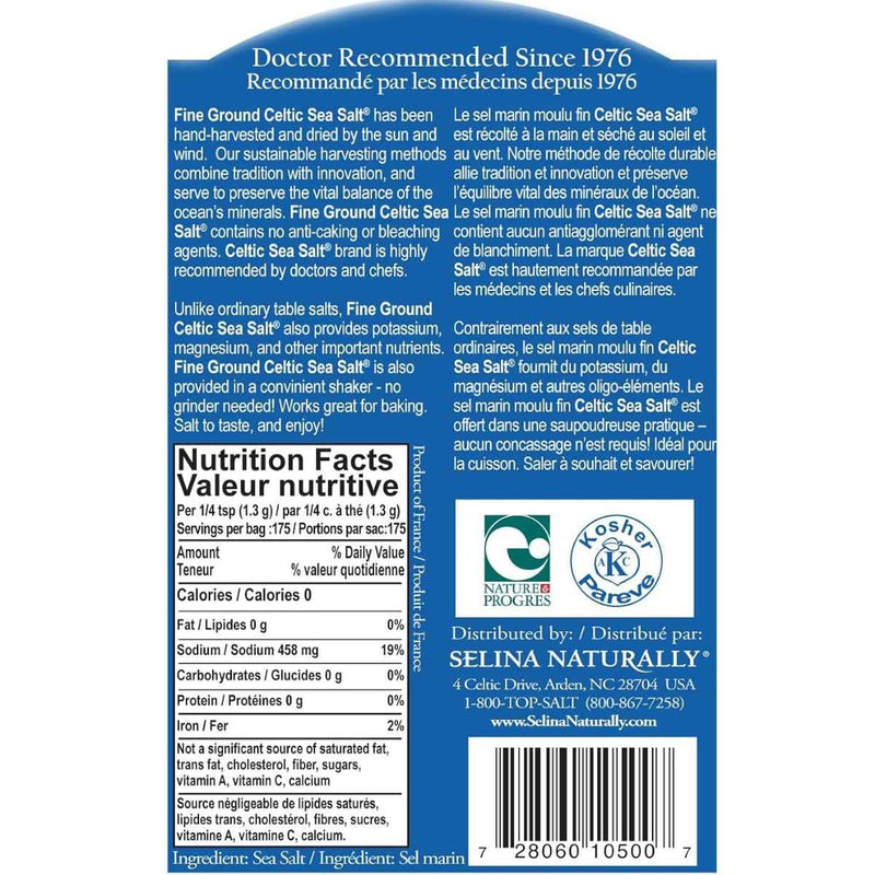 Tabla nutricional de la sal Celtic Sea Salt Sal Marina Fina 1/2 lb