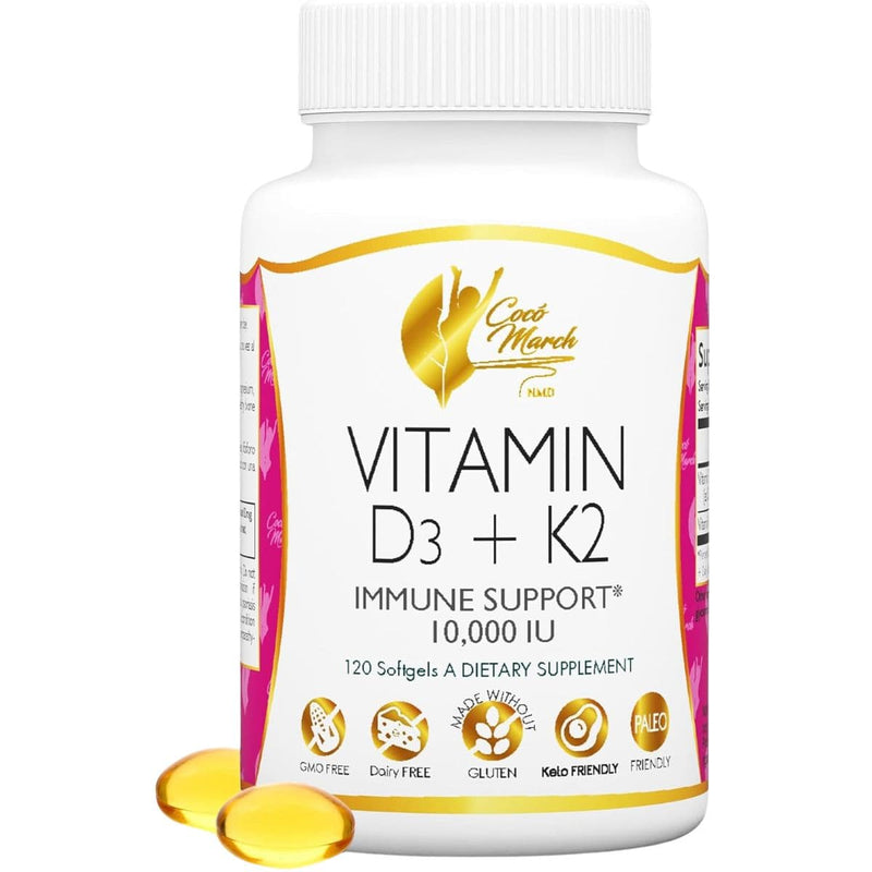 Frasco de suplemento Cocó March Vitamina D3 y K2 120 cápsulas blandas