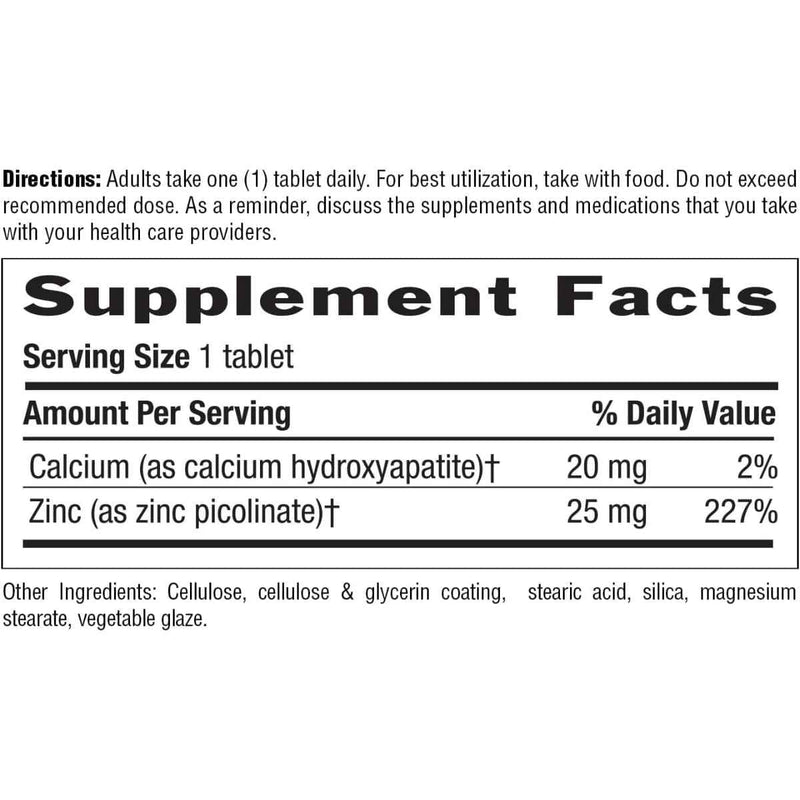 Tabla nutricional del suplemento Country Life Picolinato de Zinc 25 mg 100 tabletas
