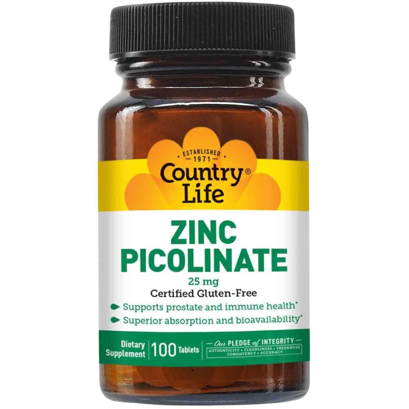 Frasco de suplemento Country Life Picolinato de Zinc 25 mg 100 tabletas