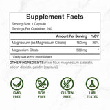 Tabla nutricional del suplemento DEAL SUPPLEMENT® Citrato de Magnesio 500 mg - 240 Cápsulas