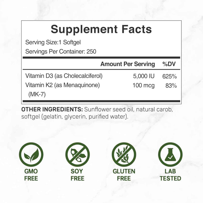 Tabla nutricional del suplemento Deal Supplement Vitamina D3 + K2 5000 UI 100 mcg 250 Cápsulas Blandas