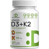 Frasco de suplemento Deal Supplement Vitamina D3 + K2 5000 UI 100 mcg 250 Cápsulas Blandas