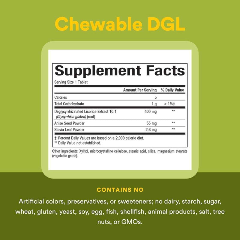 Tabla nutricional del suplemento DGL Extracto de Raíz de Regaliz Desglicirrizinado 90 tabletas masticables
