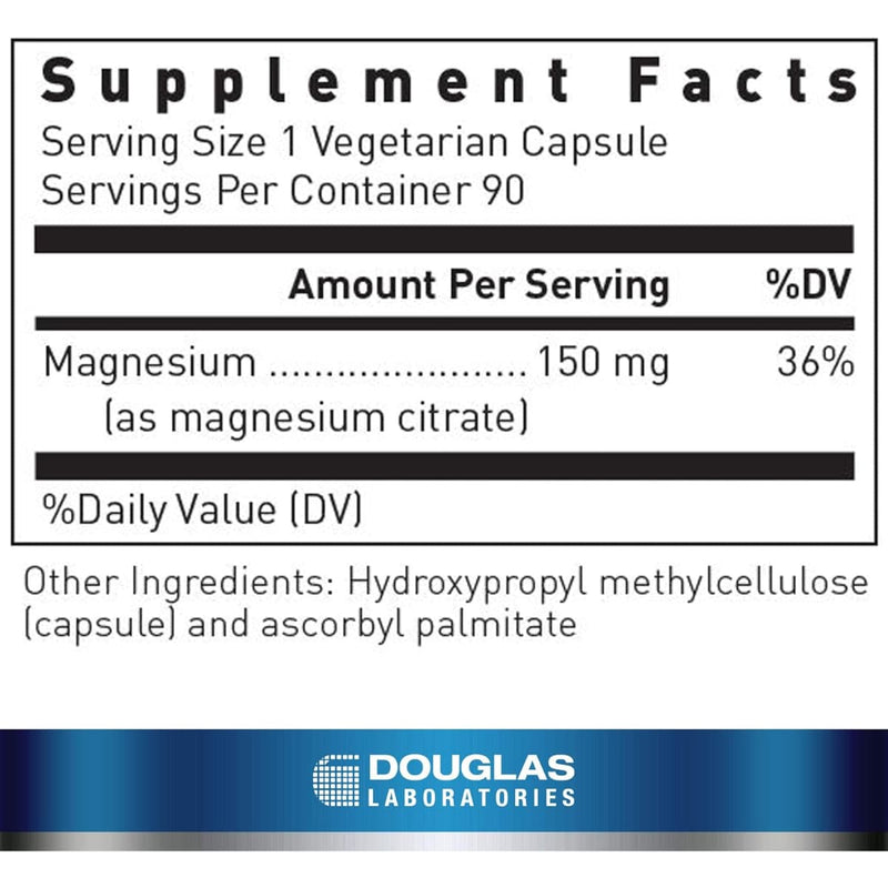 Tabla nutricional del suplemento Douglas Laboratories Citrato de Magnesio 150 mg 90 Cápsulas Vegetarianas