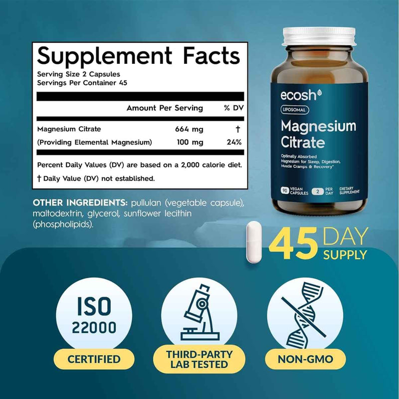 Tabla nutricional del suplemento ecosh Citrato de Magio Liposomal 90 cápsulas