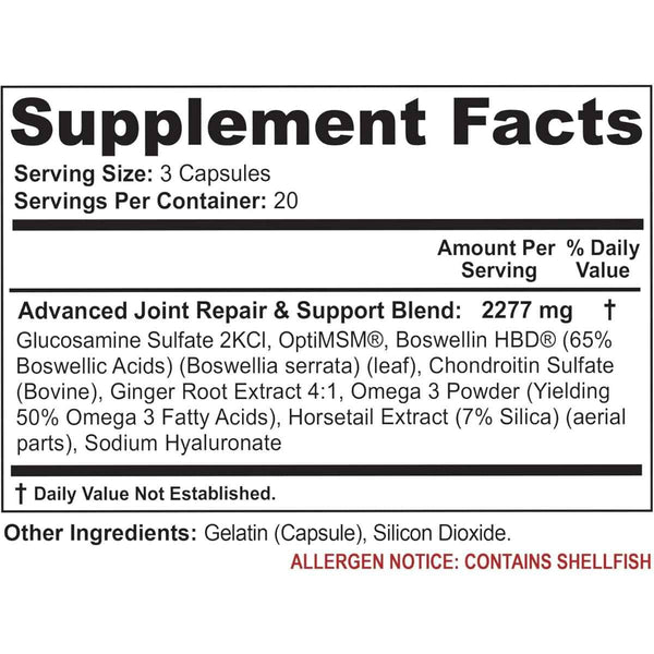 Tabla nutricional del suplemento Flexacil Ultra Complejo de Glucosamina y Condroitina 60 Cápsulas
