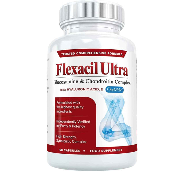 Frasco de suplemento Flexacil Ultra Complejo de Glucosamina y Condroitina 60 Cápsulas