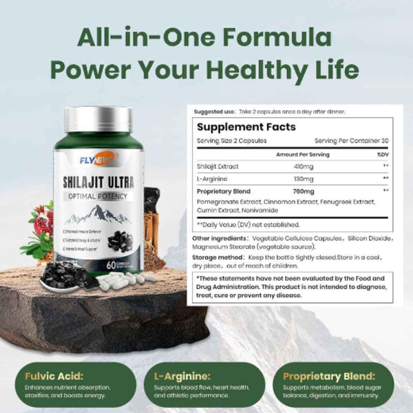 Tabla nutricional del suplemento Flynew Complejo de Shilajit 1300 mg 60 Cápsulas