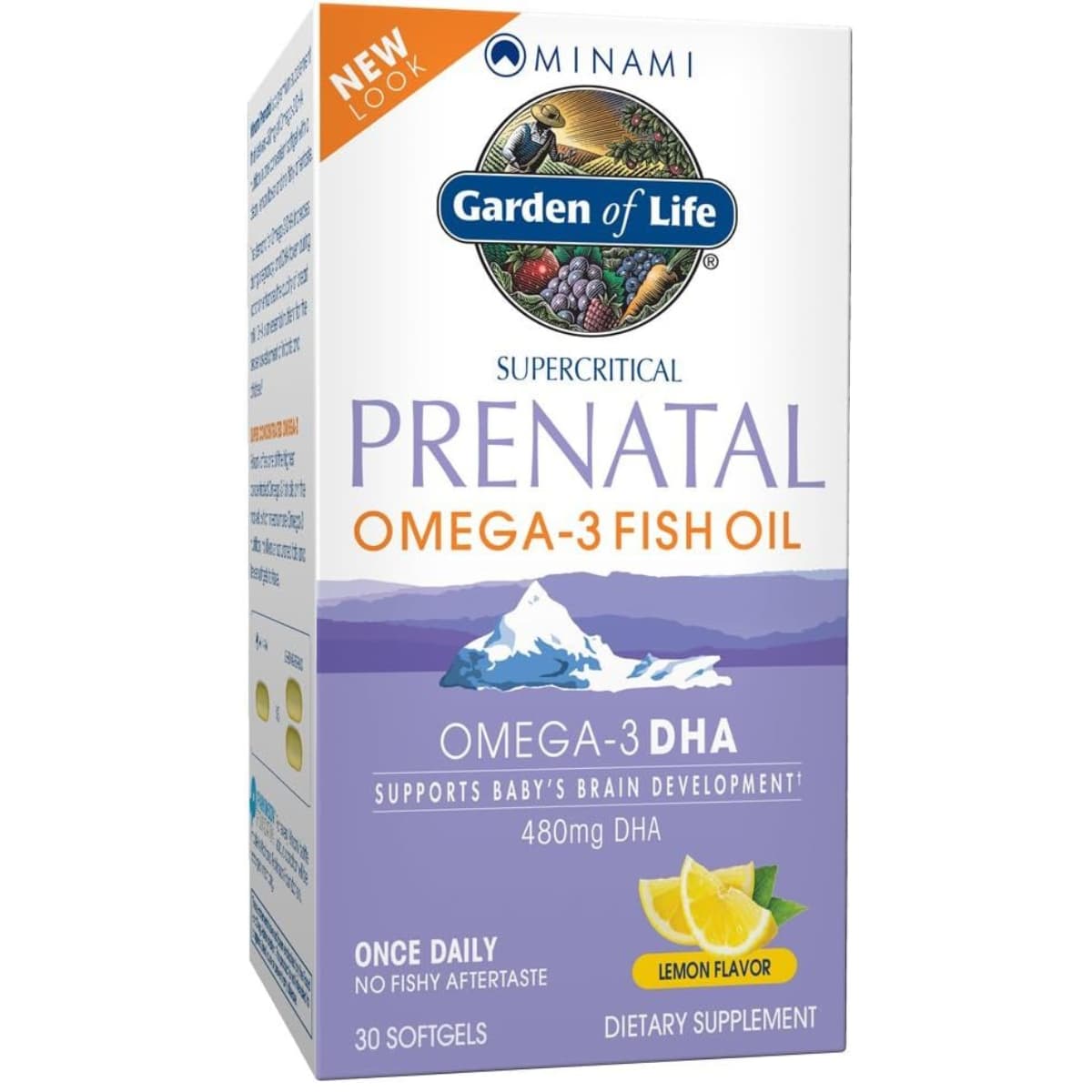 Frasco de suplemento Garden of Life Aceite de Pescado Omega-3 Prenatal 30 cápsulas blandas