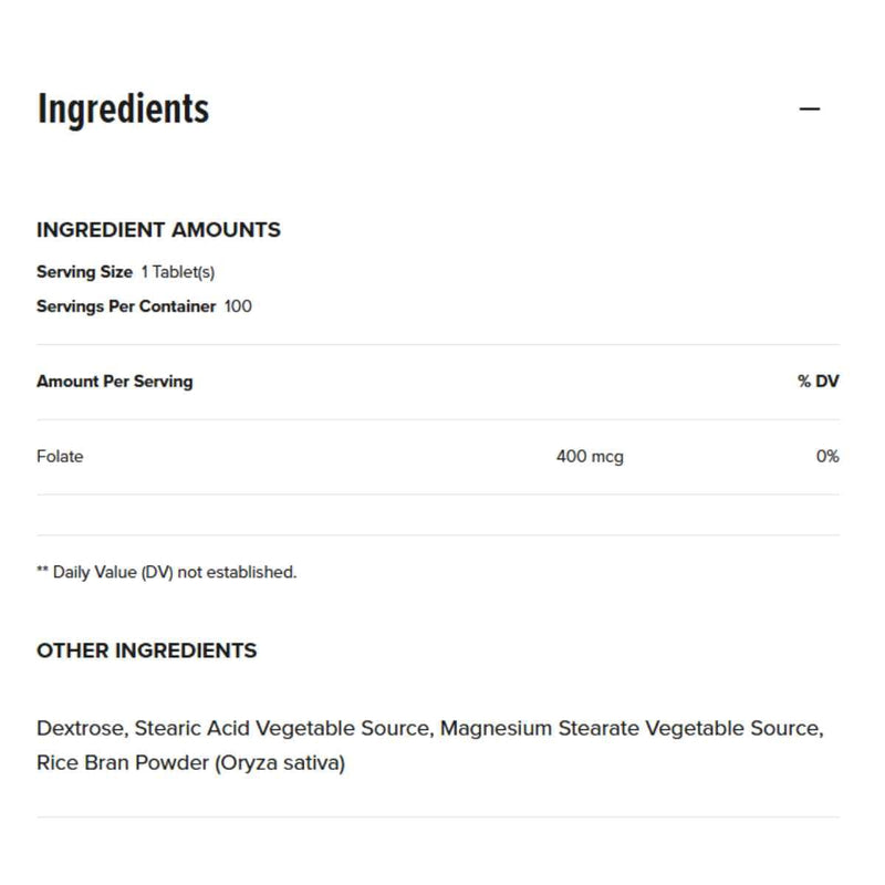 Tabla nutricional del suplemento GNC Ácido Fólico 400 mcg 100 tabletas vegetarianas