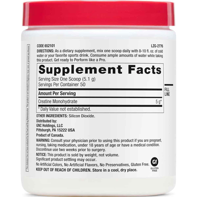 Tabla nutricional del suplemento GNC Pro Performance Monohidrato de Creatina 50 servicios/255 g Polvo