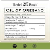 Tabla nutricional del suplemento Herbal Roots Aceite de Orégano (Extracto 10:1) 150 mg 90 Cápsulas Blandas