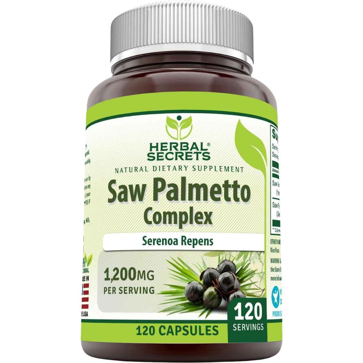 Frasco de suplemento Herbal Secrets Complejo de Saw Palmetto 1200 mg 120 cápsulas