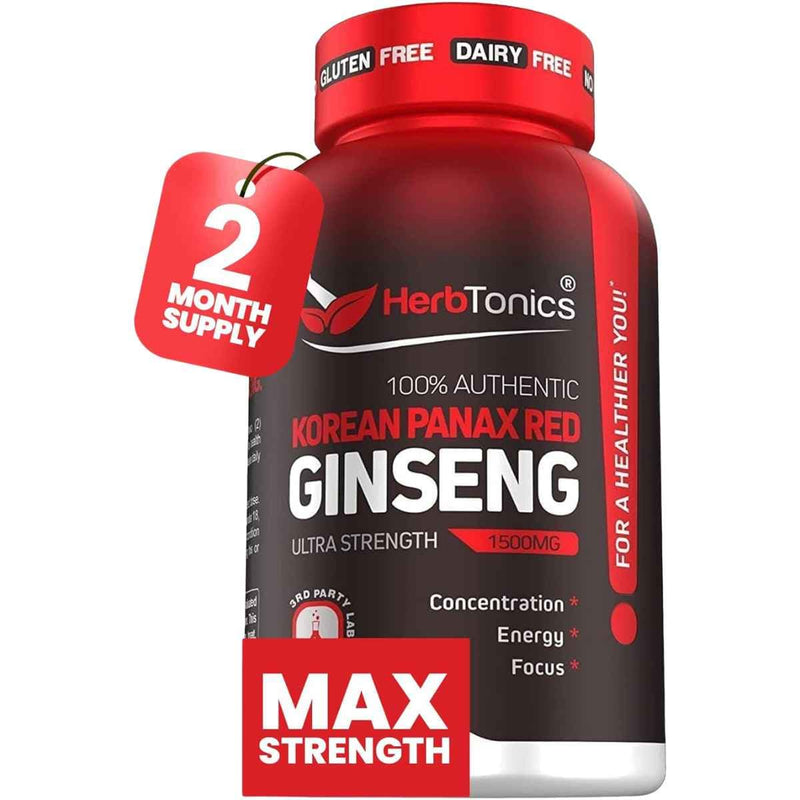 Frasco de suplemento HerbTonics Ginseng Rojo Coreano 120 cápsulas