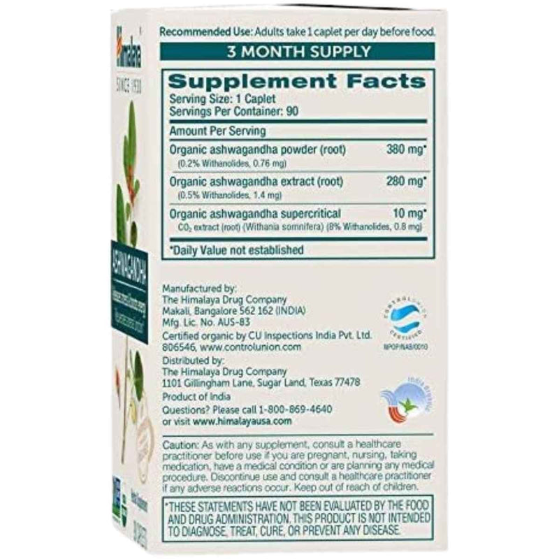 Tabla nutricional del suplemento Himalaya Ashwagandha Orgánica 670 mg 90 comprimidos