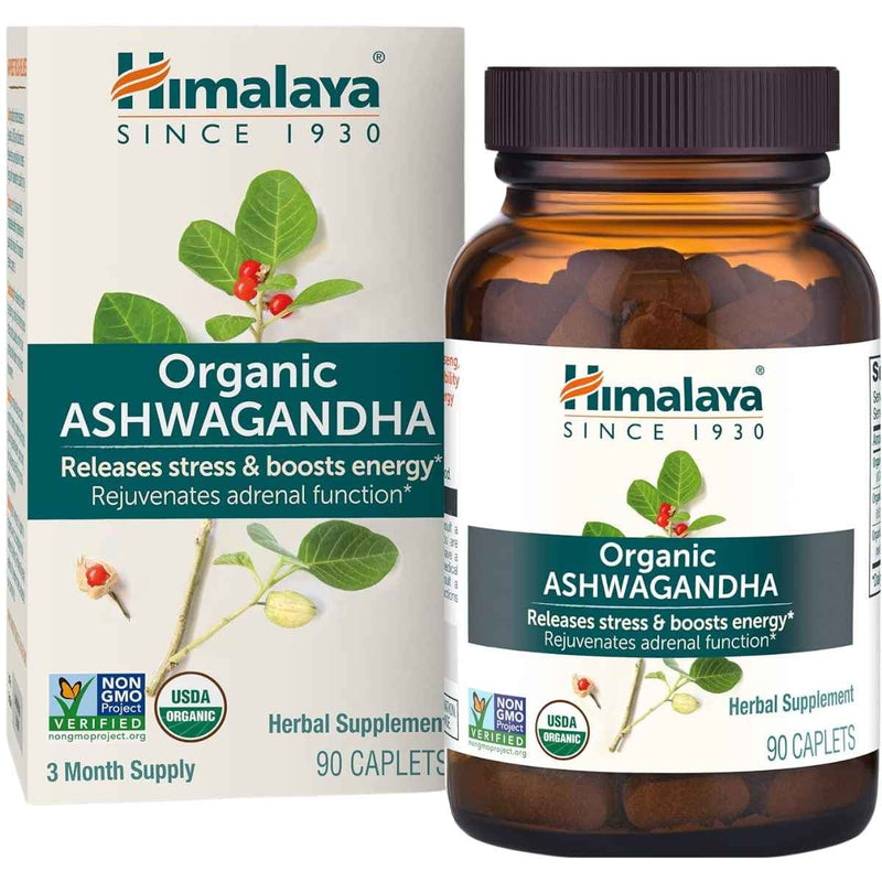 Frasco de suplemento Himalaya Ashwagandha Orgánica 670 mg 90 comprimidos