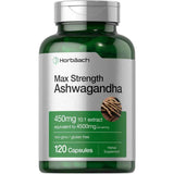 Frasco de suplemento Horbäach Ashwagandha Max Strength 120 cápsulas