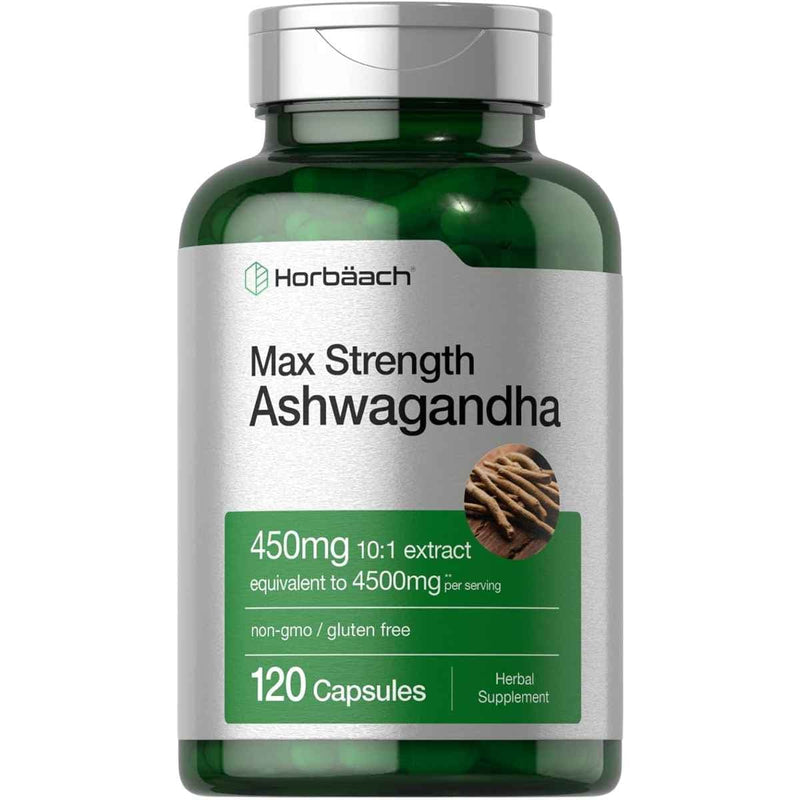 Frasco de suplemento Horbäach Ashwagandha Max Strength 120 cápsulas
