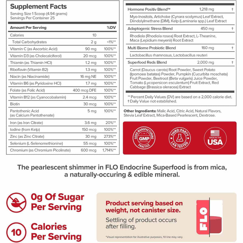 Información nutricional de FLO Superalimento Endocrino - 25 porciones de 5 g, composición clave.