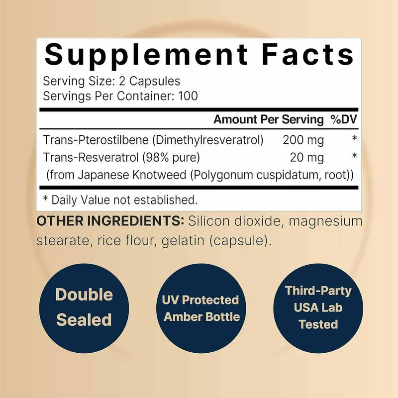 Información nutricional de pterostilbeno y trans-resveratrol - Cantidad por porción y pureza garantizada