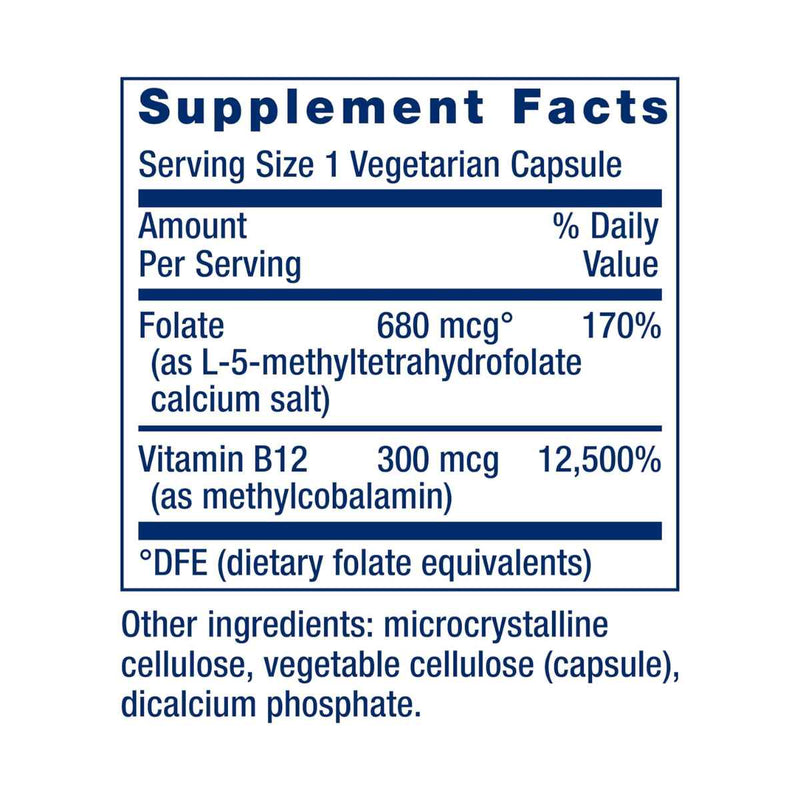 Tabla nutricional del suplemento Life Extension BioActive Folate & Vitamin B12 90 Cápsulas Vegetarianas