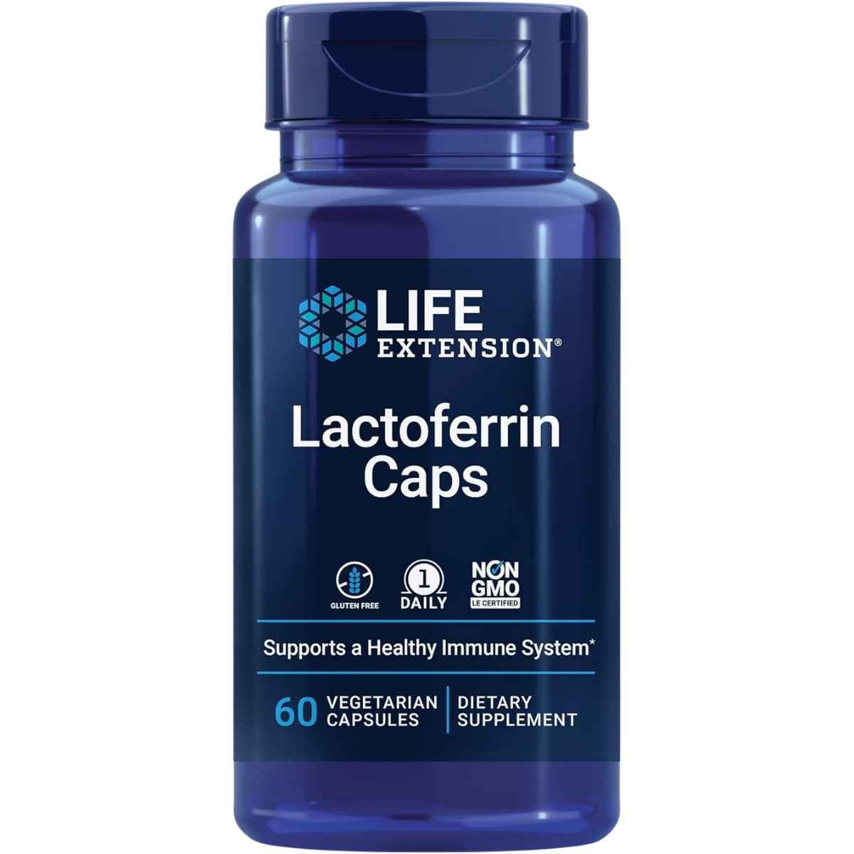 Frasco de suplemento Life Extension Lactoferrina 300 mg 60 Cápsulas Vegetarianas