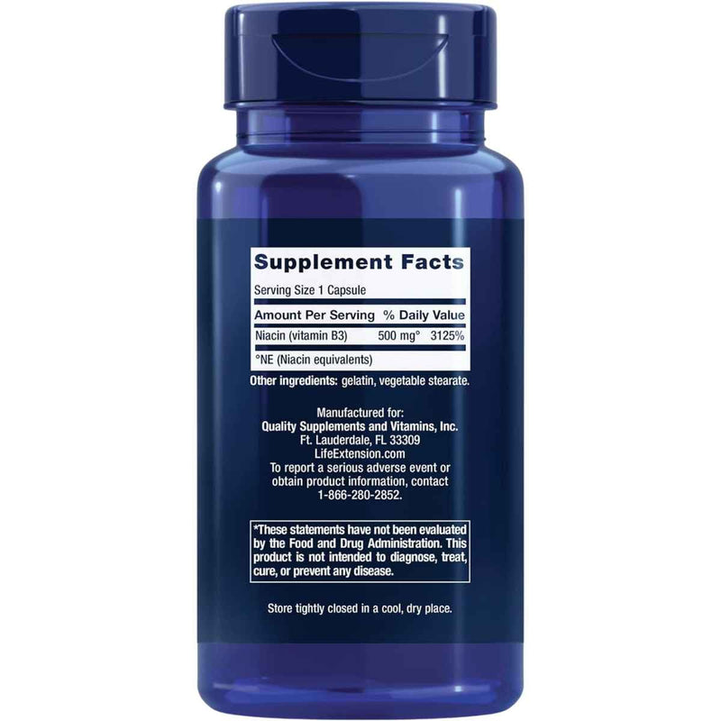 Tabla nutricional del suplemento Life Extension Niacina (Vitamina B3) 500 mg 100 Cápsulas