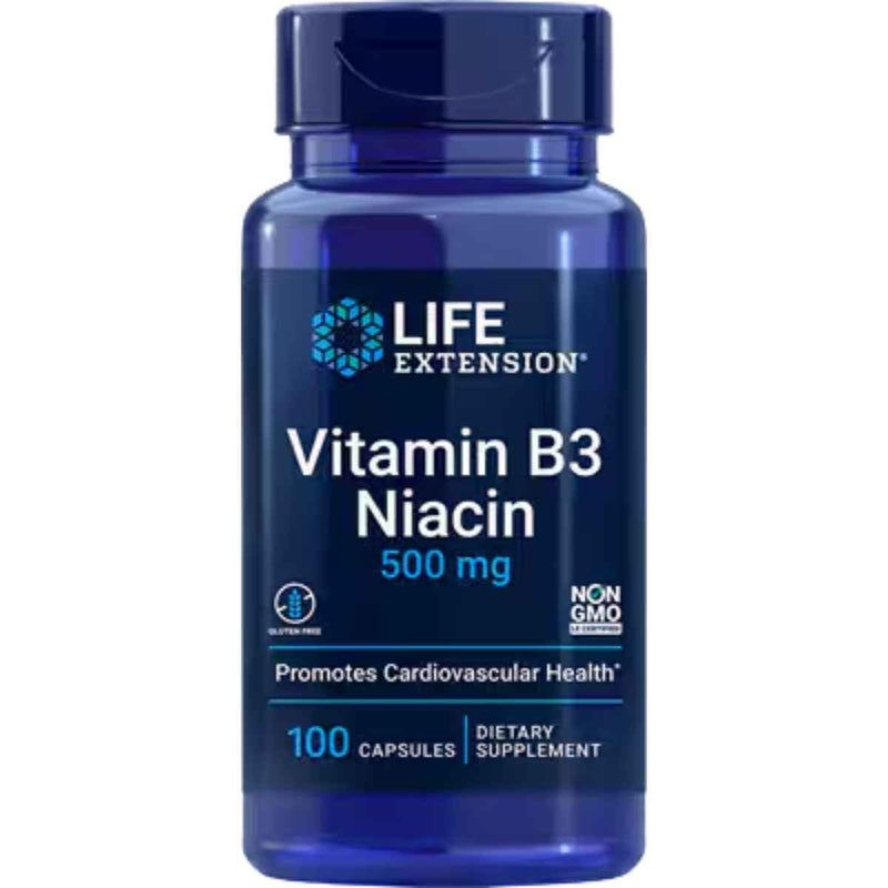 Frasco de suplemento Life Extension Niacina (Vitamina B3) 500 mg 100 Cápsulas