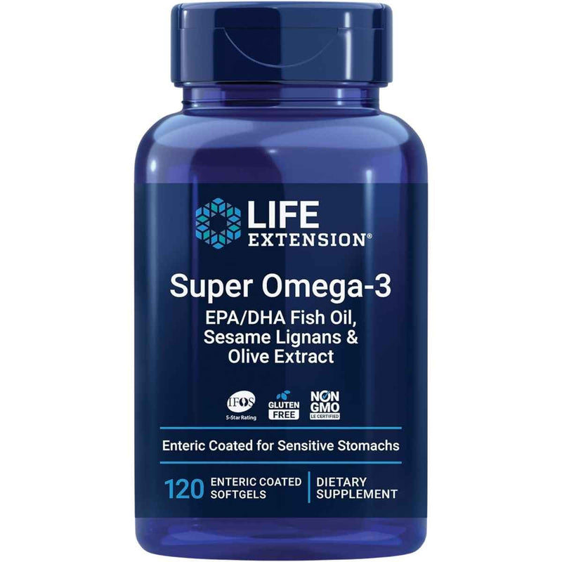 Frasco de suplemento Life Extension Super Omega-3 EPA/DHA 2000 mg 120 cápsulas blandas