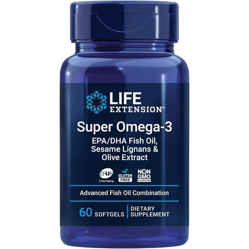 Frasco de suplemento Life Extension Super Omega-3 EPA/DHA 2000 mg 60 cápsulas blandas