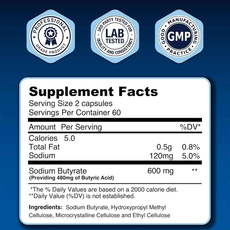 Tabla nutricional del suplemento LongJuvity Labs Butirato de Sodio 120 cápsulas