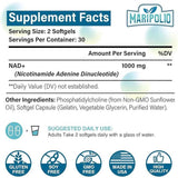 Tabla nutricional del suplemento Maripolio NAD+ Liposomal 1000 mg 60 Cápsulas