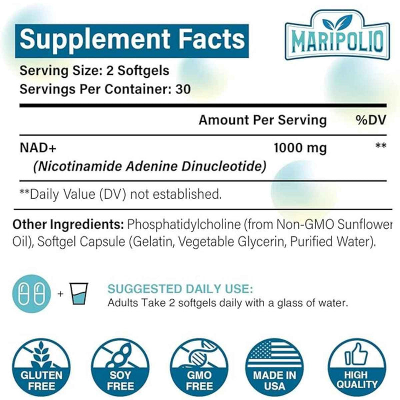 Tabla nutricional del suplemento Maripolio NAD+ Liposomal 1000 mg 60 Cápsulas
