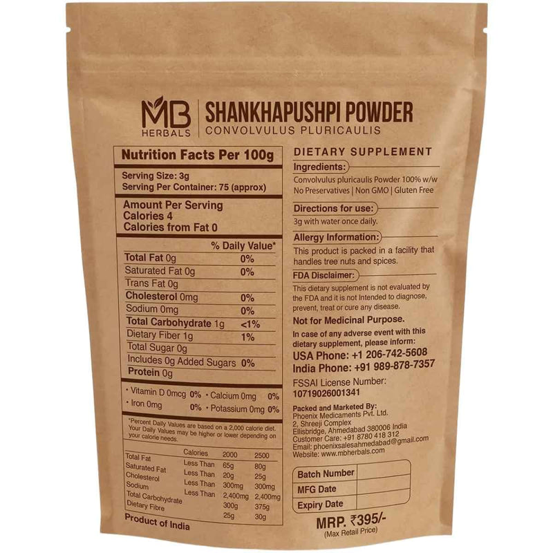 Tabla nutricional del suplemento MB Herbals Shankhpushpi 227 g Polvo