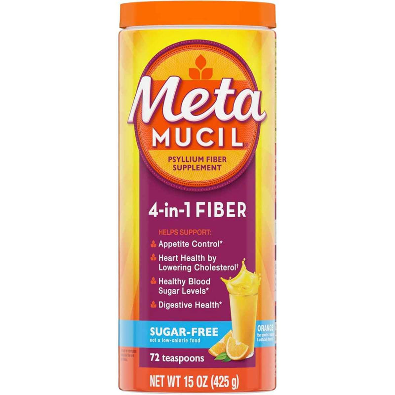 Frasco de suplemento Metamucil Fibra de Psyllium en Polvo Sabor Naranja 425 g.