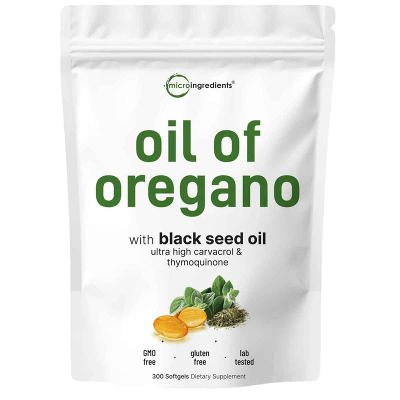 Bolsa de suplemento Micro Ingredients Aceite de Orégano con Aceite de Semilla Negra 300 Cápsulas Blandas
