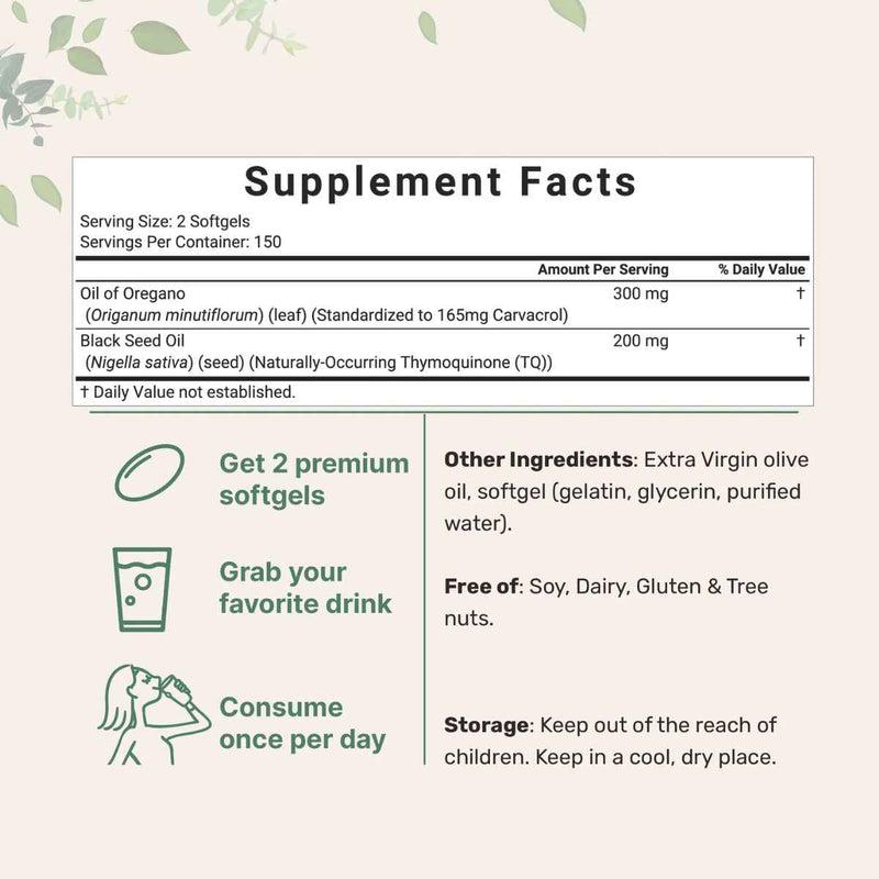 Tabla nutricional del suplemento Micro Ingredients Aceite de Orégano con Aceite de Semilla Negra 300 Cápsulas Blandas