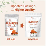 Comparativa del paquete antiguo y nuevo del suplemento Micro Ingredients Aceite de Semilla de Calabaza con Saw Palmetto 300 Cápsulas Blandas