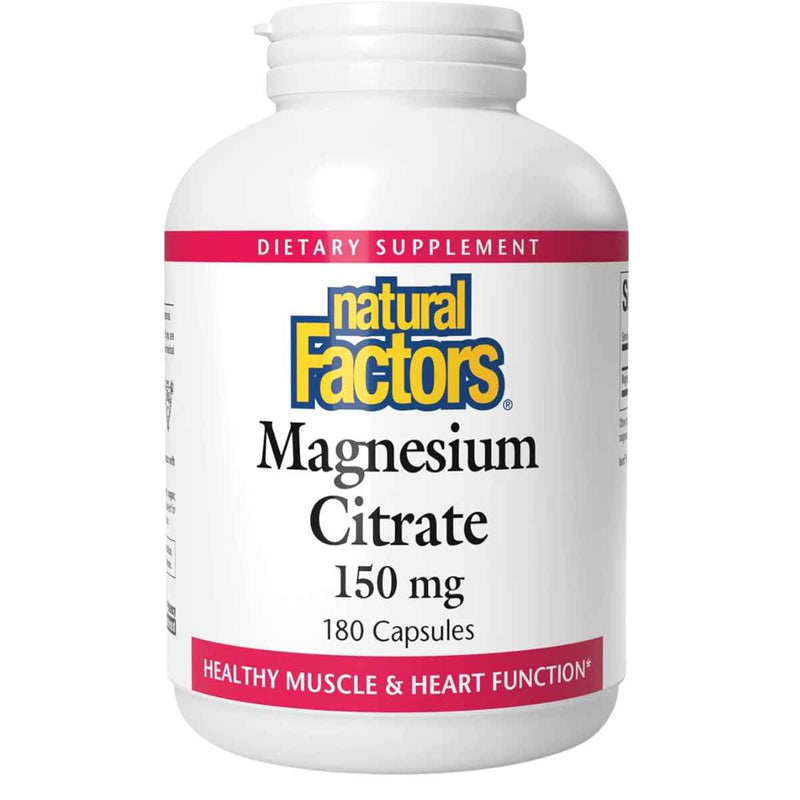 Frasco de suplemento Natural Factors Citrato de Magnesio 180 cápsulas