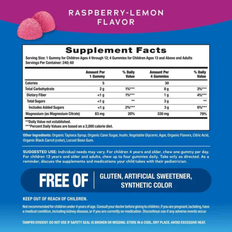 Tabla nutricional del suplemento Natural Vitality Calm Citrato de Magnesio sabor Frambuesa-Limón 240 gomitas
