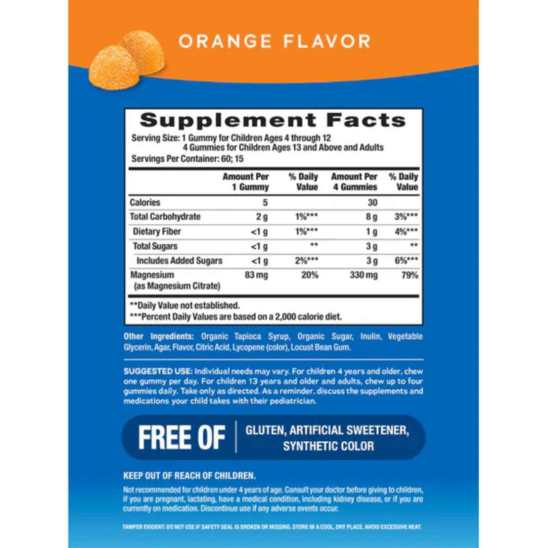 Tabla nutricional del suplemento Natural Vitality Calm Citrato de Magnesio sabor Naranja 60 gomitas